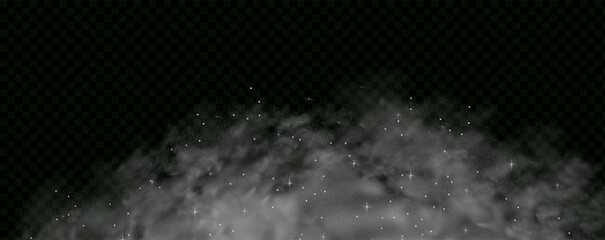 Mystery dark background with glowing particles, stardust, and glittering stars, creating a colorful, ethereal fog. Vector illustration with vibrant, multicolored steam and vapor.