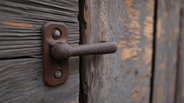 Rustic wooden door with rusted latch, detail shot