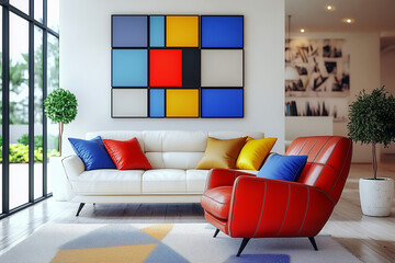  Red leather armchair near white sofa with colorful cushions. Suprematism style interior design of modern living room with abstract geometric shapes.