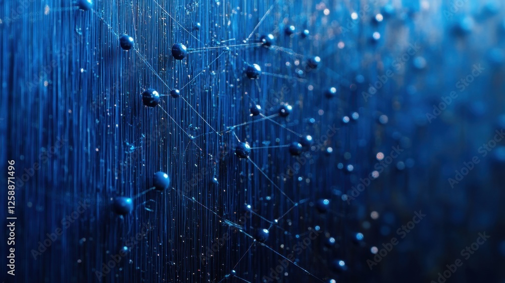 Poster exploring intricate connections within a vibrant blue web of droplets and lines