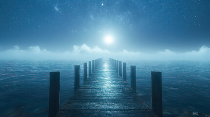 Tranquil sunset over serene waters with a wooden pier leading into vibrant reflections
