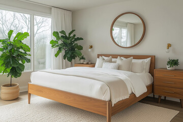 mid-century bedroom showcases simplicity with a wooden bed frame, decorative plants, and ample natural light enhancing the space.