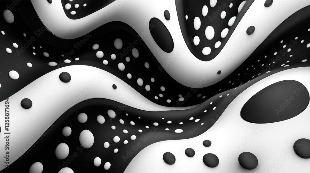 Poster abstract black and white wave pattern with playful dots creating an artistic visual experience