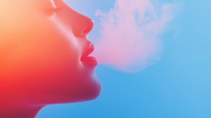 woman exhaling smoke against a blue background