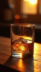 Golden hour light bathes whiskey, ice melts slowly, chill, blue, ice