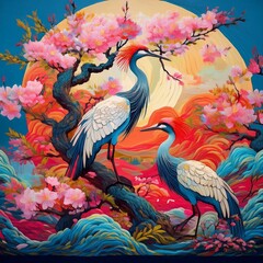 Japanese pattern with crane birds, bonsai trees, cherry blossom flower asian background graphic resource