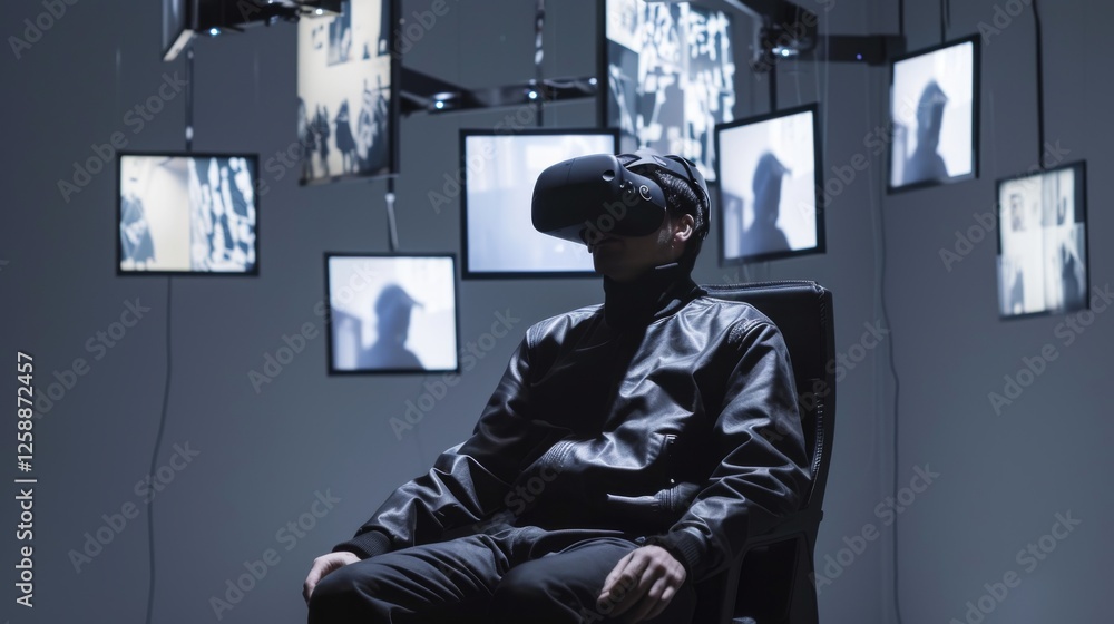 Poster a person wearing vr goggles sits in a futuristic space surrounded by multiple floating digital scree