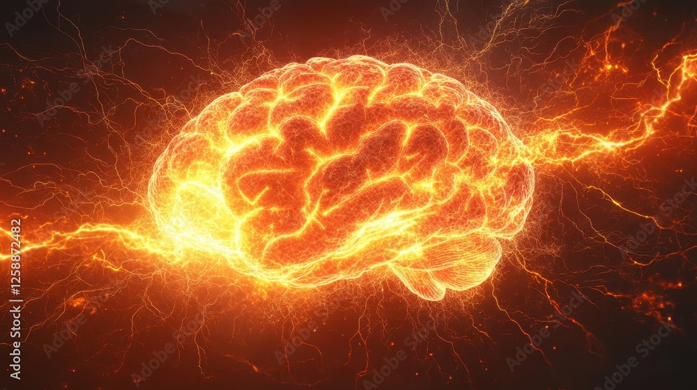 Aufkleber energetic brain illuminated with fiery sparks showing the connection between neural activity and pow