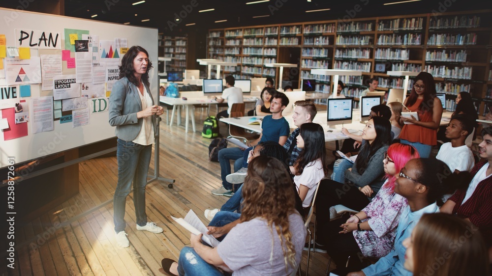 Poster A diverse group of students in a library listens to a female teacher presenting a plan on a board. The library setting is filled with books and computers. Teacher teaching high school class.