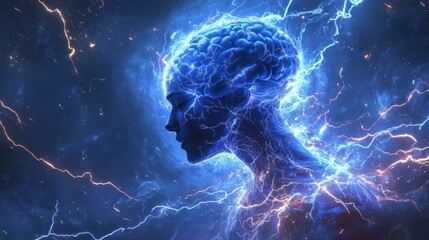 Vibrant electric energy illuminates the silhouette of a human form with a glowing brain under a cosmic backdrop in a stunning display of creativity