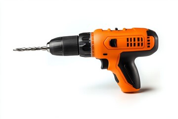 Orange cordless drill with drill bit on white background