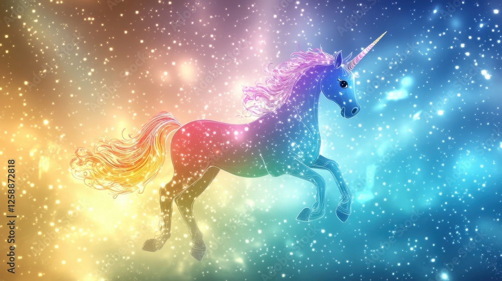 Poster enchanting unicorn prancing through a magical galaxy filled with vibrant colors and sparkling stars,