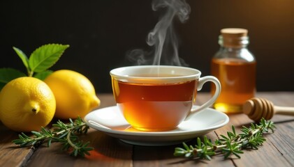 Golden tea steams, filling teacup; lemons, thyme sprigs, honey jar nearby , comfort, photo, rustic