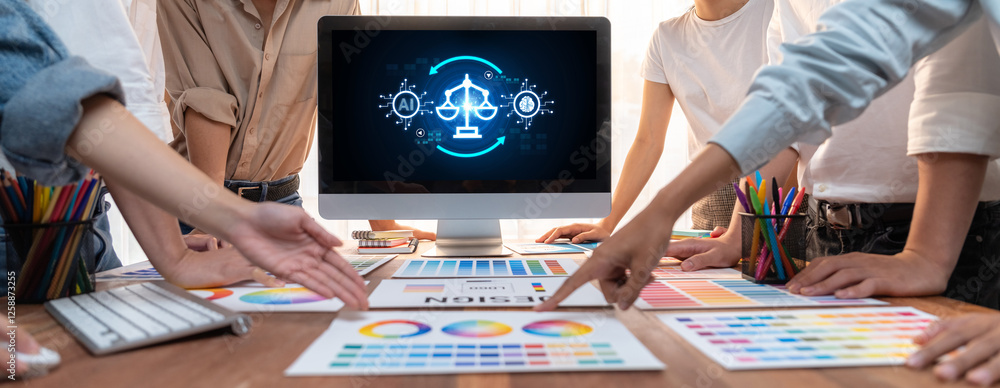 Poster ai ethics responsibility standard law and rules on computer screen provide report of ai ethic transp