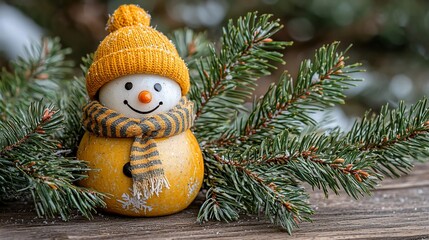 Festive yellow snowman, winter scene, spruce branches, holiday card