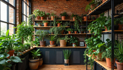 Sunlit Indoor Garden with Exposed Brick