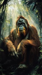 Obraz premium Wild orangutan resting in sunlit jungle during World Wildlife Day celebration