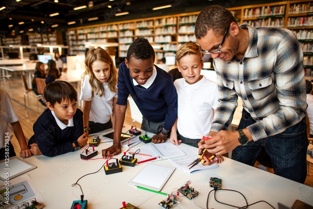 Aufkleber diverse group of students in a library, learning electronics with teacher. students and teacher enga