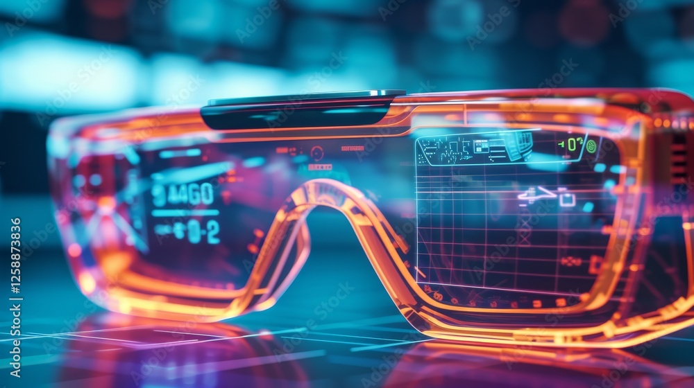 Poster neon smart glasses showcasing a vibrant digital holographic interface with futuristic design and aug