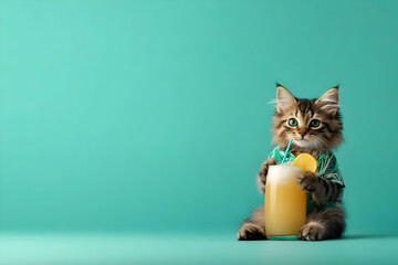 cat wearing a Hawaiian shirt drinking a cocktail through a straw, studio shot on plain colored background with space for text