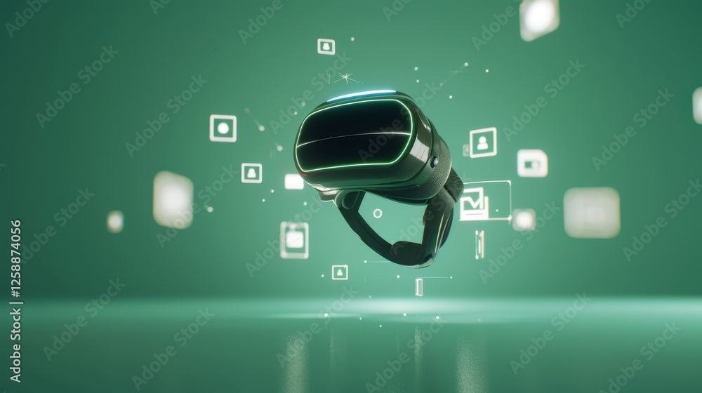 Poster high-tech vr headset hovering against a green background with floating icons, representing advanced 