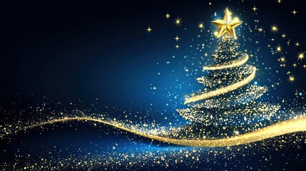 Sparkling Gold Christmas Tree Festive Blue Background Design