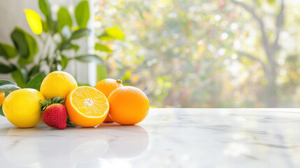 Naklejka premium Fresh citrus and strawberry arrangement on a marble countertop in sunlit kitchen