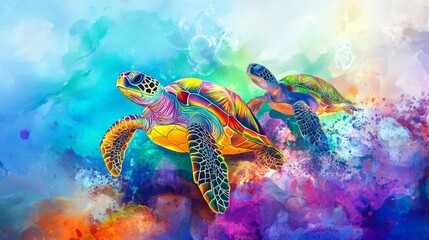 Colorful sea turtles swimming in vibrant underwater scene for World Wildlife Day celebration