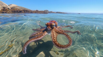 Colorful octopus swimming in clear waters during World Wildlife Day celebrations in a vibrant coastal environment