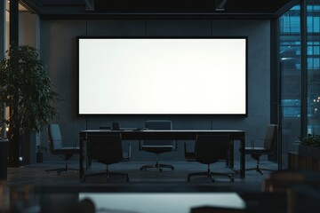 Empty modern conference room at night with blank presentation screen