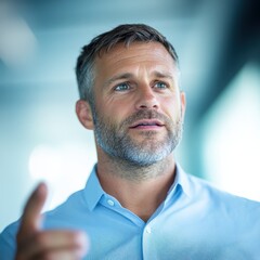 Obraz premium man pointing up wearing a button-up shirt