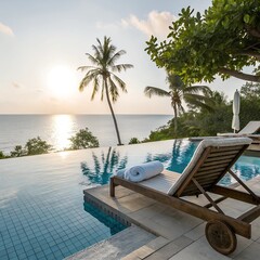 Obraz premium Luxury resort poolside with a relaxing sunbed and tropical refreshments