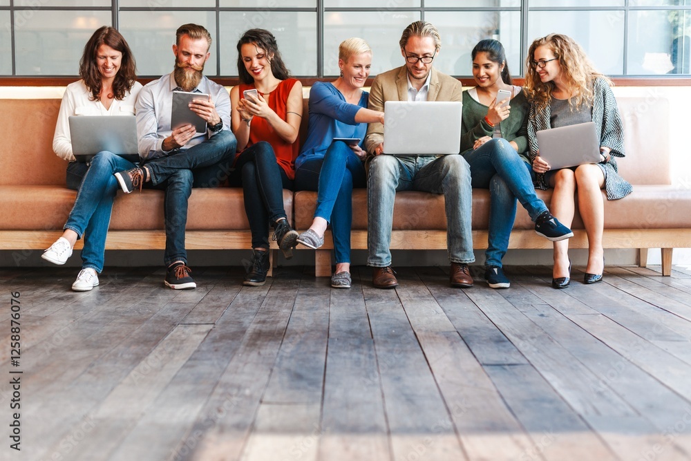 Poster group of diverse people sitting on a bench using laptops and tablets, engaged in technology and team