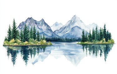Watercolor mountain lake reflection landscape design