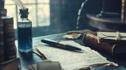 Naklejka premium Antique ink bottle with quill pen on handwritten manuscript