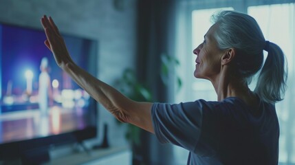 Mature woman actively engaged in a fitness routine at home, interacting with a virtual trainer on a TV screen. AI generated.