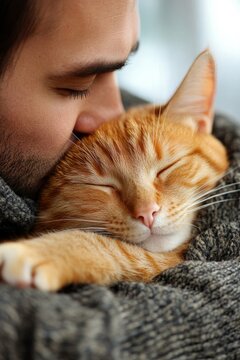Cat in man's arms, affectionate moment