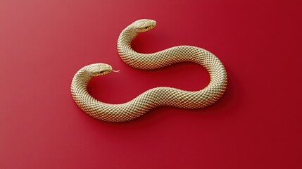 Fototapeta premium Golden Snake Double Loop Red Background Minimalist Design