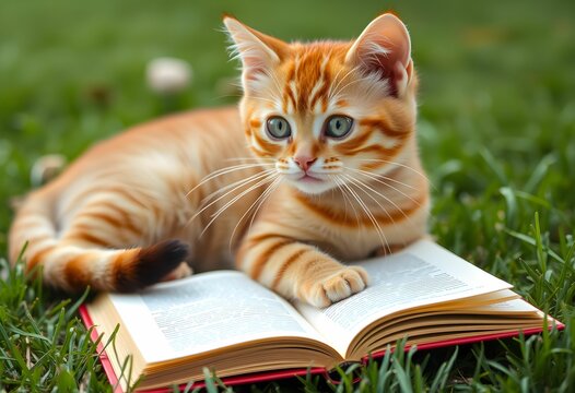 cat lying on grass with a book