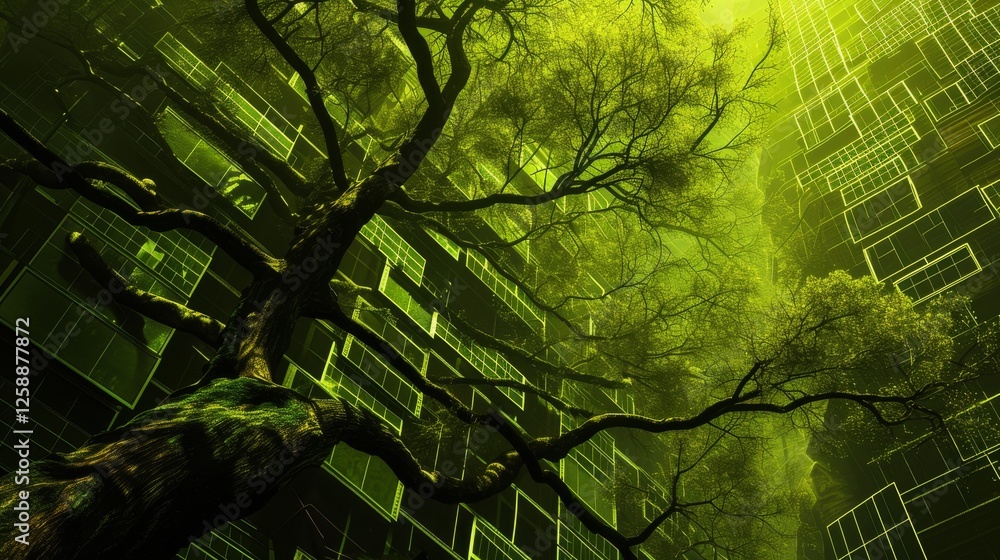 Poster a futuristic tree intertwining with a luminous urban architectural design, creating a surreal blend 