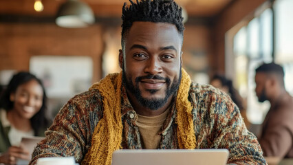 Smiling Man Using Tablet in Cozy Cafe