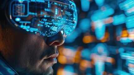 Innovative businessman utilizing VR and data holograms in a cyber security environment, focusing on augmented reality, digital transformation, and future perspectives with a VR headset