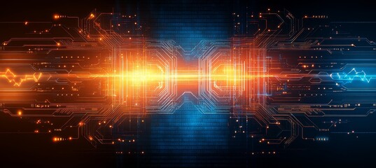 Obraz premium Glowing Orange and Blue High Tech Motherboard with Intricate Circuitry Detail on Dark Background