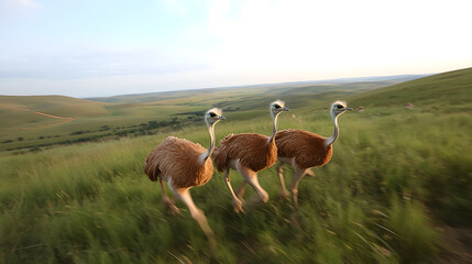 Three large birds, similar to ostriches, run across a grassy hillside in a vibrant, scenic landscape. The horizon fades into a soft, pastel sky.