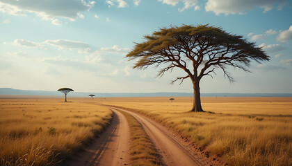 Fototapeta premium Scenic Dirt Road & Acacia Trees Under Blue Sky