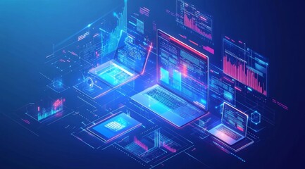 Digital data analysis on laptops, glowing charts, isometric view, network background