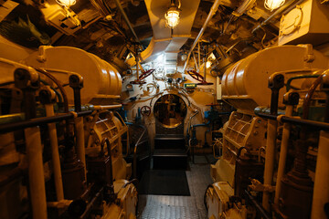 Inside old diesel military submarine