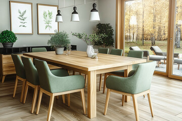 Interior design of modern dining room, wooden table and gree chairs.