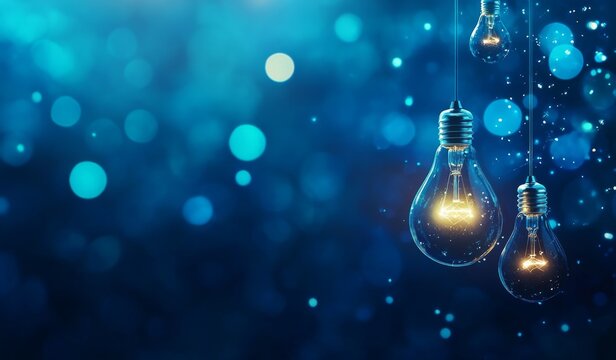 Glowing bulbs hanging, bokeh background, idea concept, inspiration