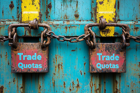 Rusty shipping containers secured with chains and padlocks, labeled Trade Quotas, evoke sense of restriction and control in trade practices